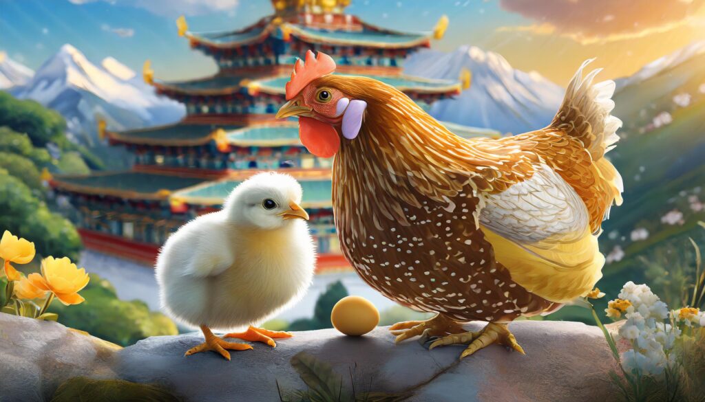 Egg-laying hen with her baby chick in front of Tibetan Buddhist temple or stupa